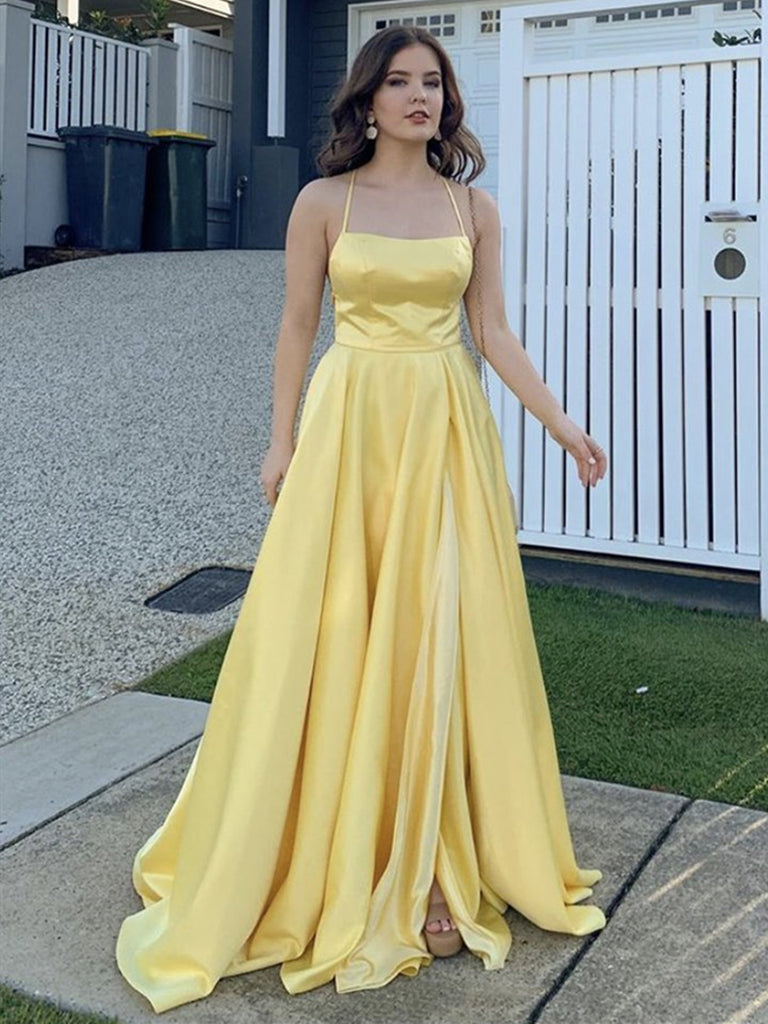 Yellow Satin Long Prom Dresses, Yellow ...